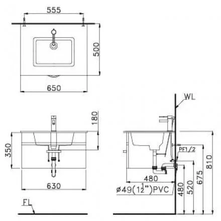 Bản vẽ kỹ thuật Chậu Rửa Mặt Âm Bàn Caesar LF5128 