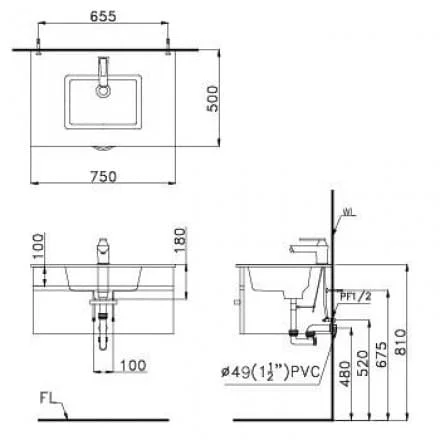 Bản vẽ kỹ thuật Chậu Rửa Mặt Âm Bàn Caesar LF5128 
