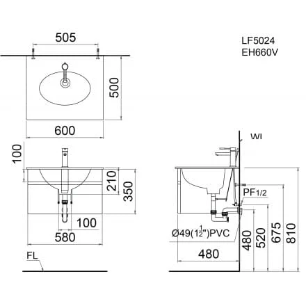 Bản vẽ kỹ thuật Chậu Rửa Mặt Âm Bàn Caesar LF5128 