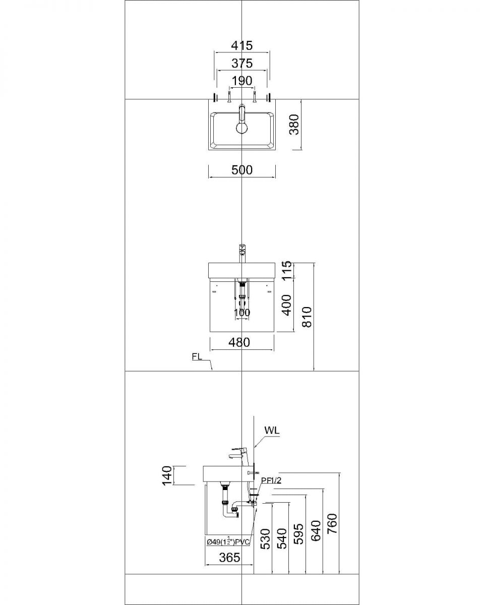 bản vẽ kỹ thuật Bộ tủ chậu lavabo Caesar EH05017AV