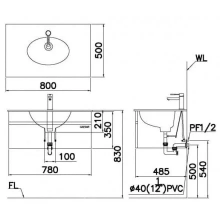 bản vẽ kỹ thuật Bộ tủ chậu lavabo Caesar EH05017AV