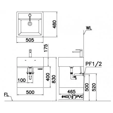 bản vẽ kỹ thuật Bộ tủ chậu lavabo Caesar EH05017AV