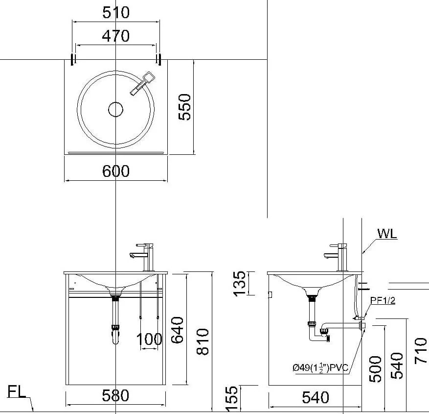 bản vẽ kỹ thuật Bộ tủ chậu lavabo Caesar EH05017AV