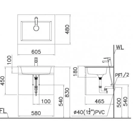 bản vẽ kỹ thuật Bộ tủ chậu lavabo Caesar EH05017AV