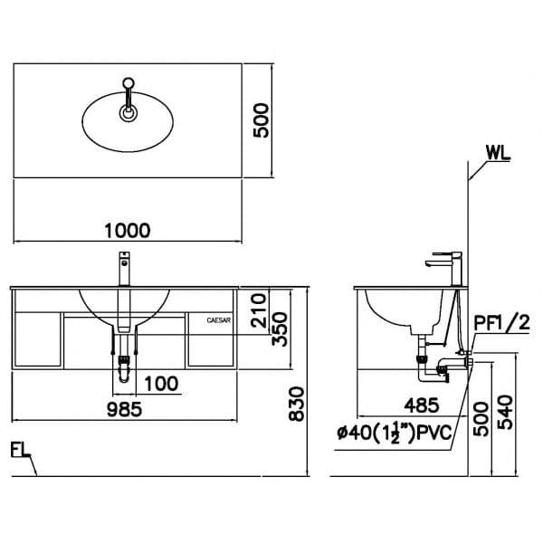 bản vẽ kỹ thuật Bộ tủ chậu lavabo Caesar EH05017AV