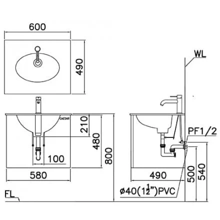 bản vẽ kỹ thuật Bộ tủ chậu lavabo Caesar EH05017AV