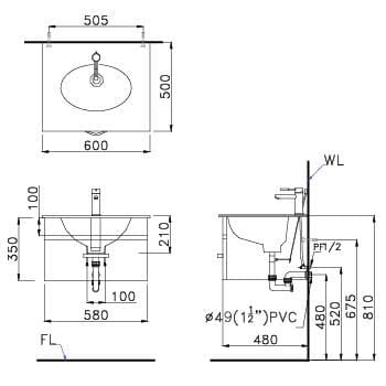 bản vẽ kỹ thuật Bộ tủ chậu lavabo Caesar EH05017AV