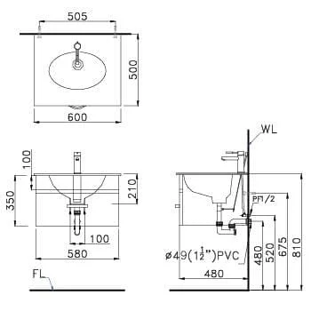 bản vẽ kỹ thuật Bộ tủ chậu lavabo Caesar EH05017AV