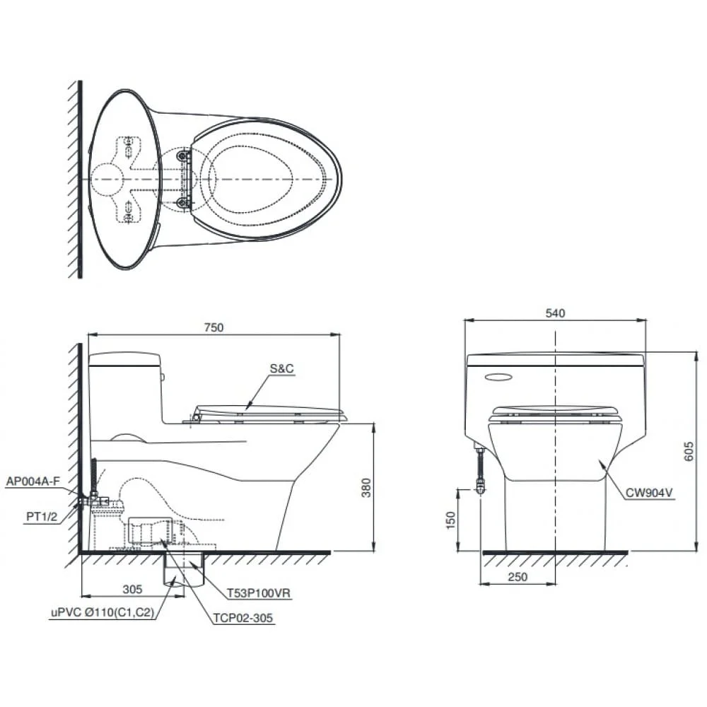 Bàn Cầu 1 khối TOTO MS904T2