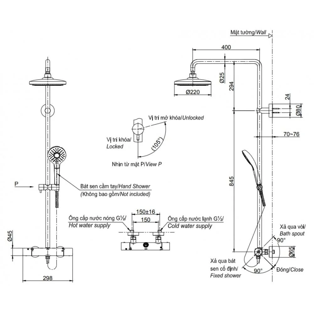 Bản vẽ kỹ thuật Sen tắm cây nóng lạnh cố định nhiệt độ TOSen tắm cây nóng lạnh cố định nhiệt độ TOTO TBW01404B