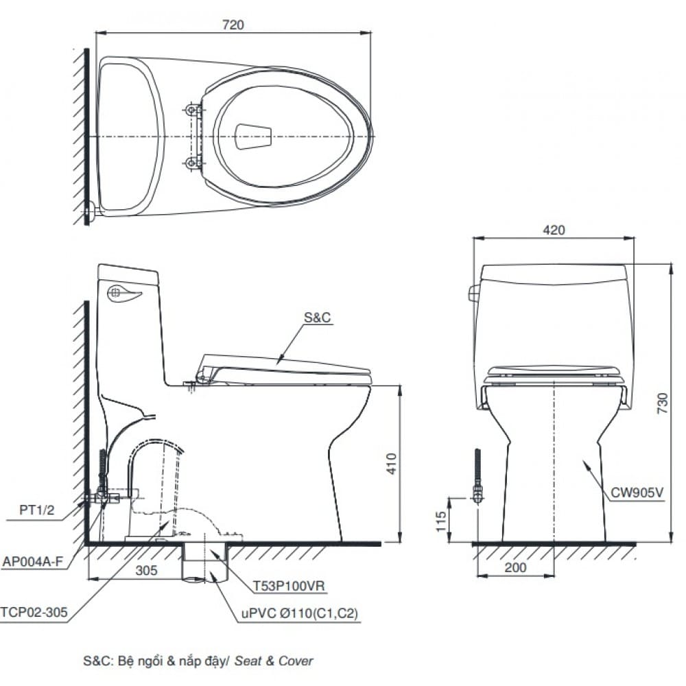  Bệ xí 1 khối TOTO MS905T8