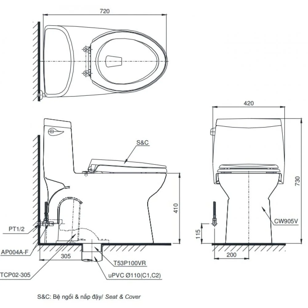  Bệ xí 1 khối TOTO MS905T8