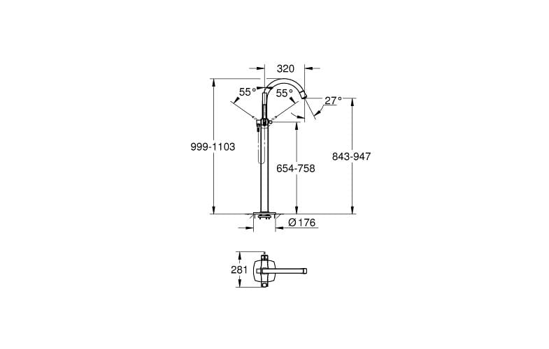 Bản vẽ kỹ thuật Vòi Bồn Tắm Đặt Sàn bóng Grohe 23318DA0