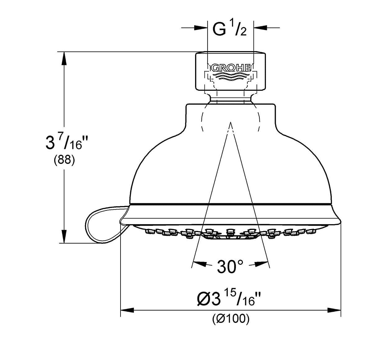 Hình ảnh bản vẽ kỹ thuật Bát sen nóng lạnh gắn trần Grohe 27870000: