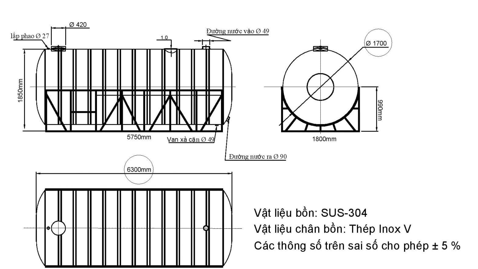 thông số kỹ thuật Bồn Nước Inox 2000L Ngang Vigo SUS 316 Đại Thành
