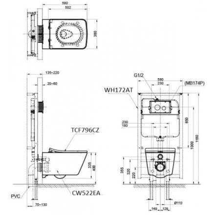 Bản vẽ Bàn Cầu âm tường TOTO CW512YR/7EE0007/TC501CVK