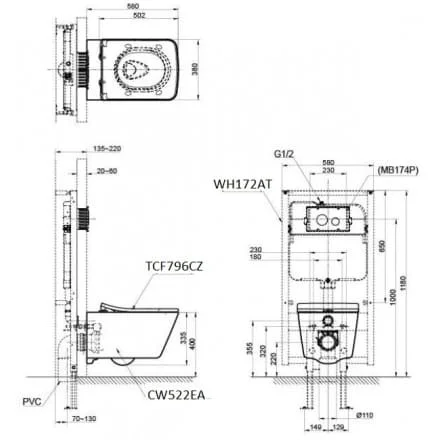 Bản vẽ Bàn Cầu âm tường TOTO CW512YR/7EE0007/TC501CVK