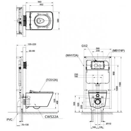 Bản vẽ Bàn Cầu âm tường TOTO CW512YR/7EE0007/TC501CVK