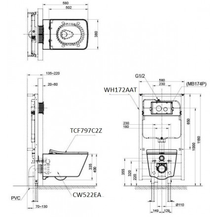 Bản vẽ Bàn Cầu âm tường TOTO CW512YR/7EE0007/TC501CVK