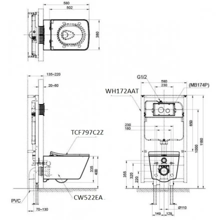 Bản vẽ Bàn Cầu âm tường TOTO CW512YR/7EE0007/TC501CVK