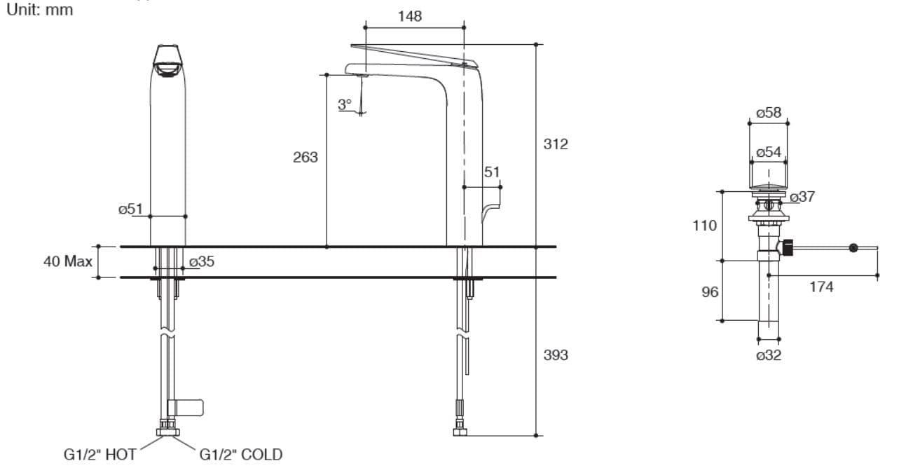 Bản vẽ kỹ thuật vòi lavabo cao Kohler Avid K-97348T-4-CP