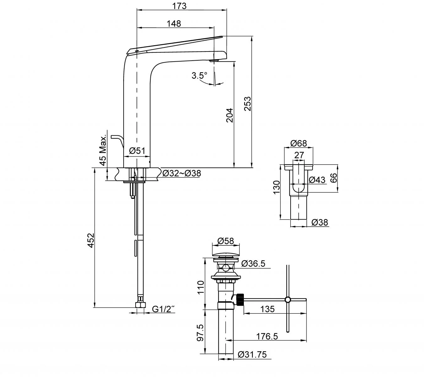 Bản vẽ kỹ thuật vòi lavabo Kohler Avid K-97347T-4-CP