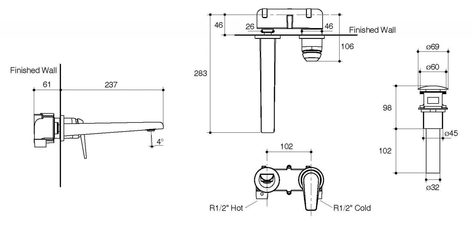 Bản vẽ kỹ thuật vòi lavabo Kohler Avid K-97358T-4-TT