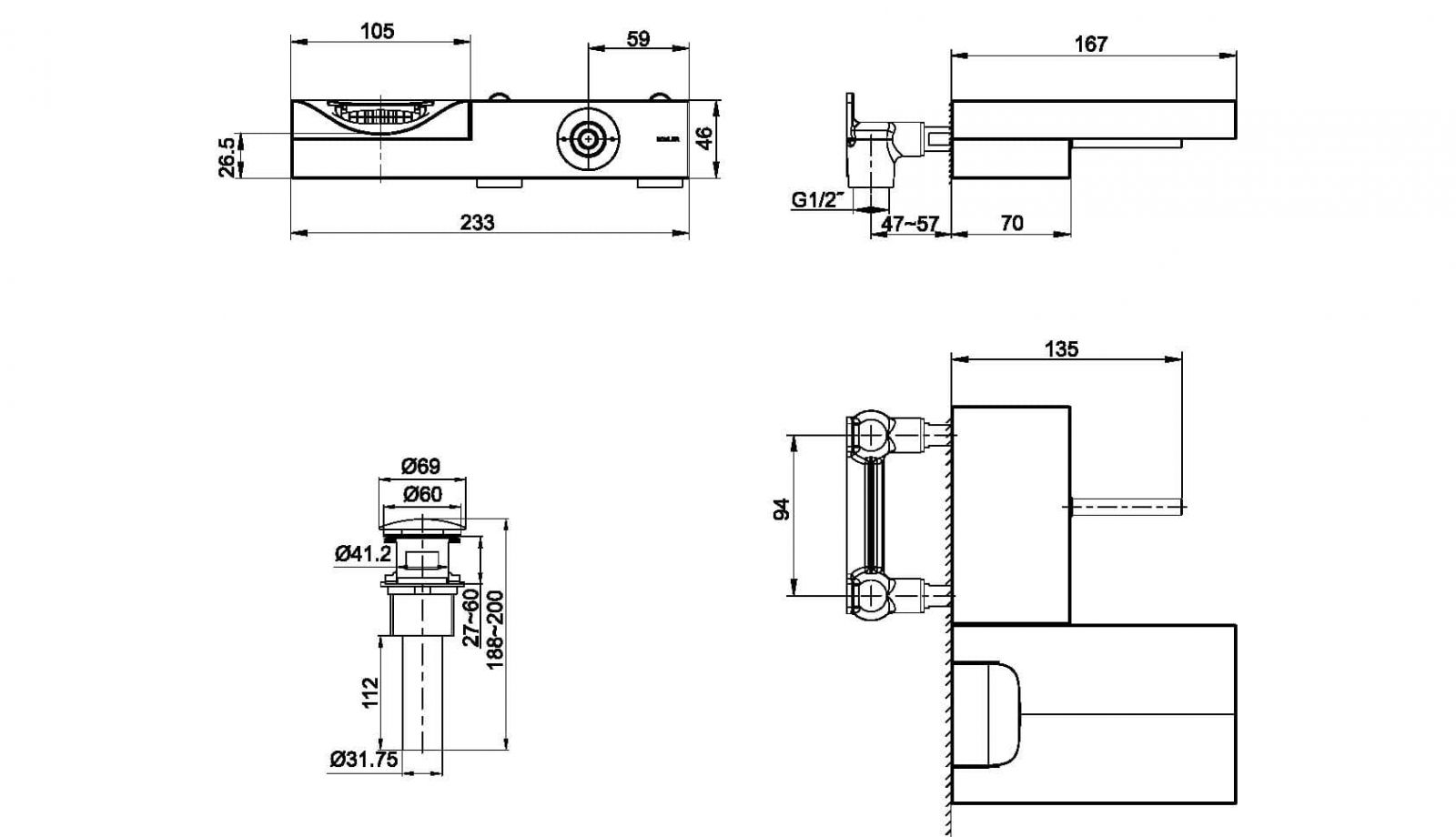 Bản vẽ kỹ thuật vòi lavabo Kohler Beitou K-99876T-4-CP