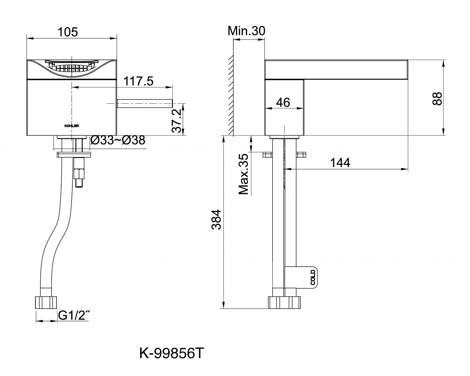 Bản vẽ kỹ thuật vòi lavabo Kohler Beitou K-99856T-4-CP Chrome bóng