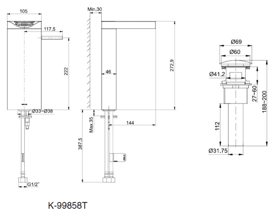 Bản vẽ kỹ thuật vòi lavabo Kohler Beitou K-99858T-4-CP Chrome bóng