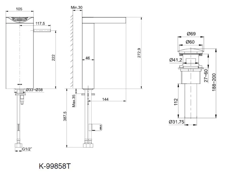 Bản vẽ kỹ thuật vòi lavabo Kohler Beitou K-99858T-4-CP Chrome bóng