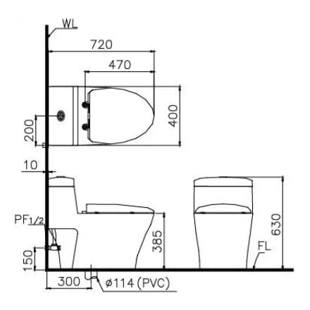 Bản vẽ kỹ thuật Bồn cầu 1 khối nắp rửa cơ Caesar CD1356/TAF050