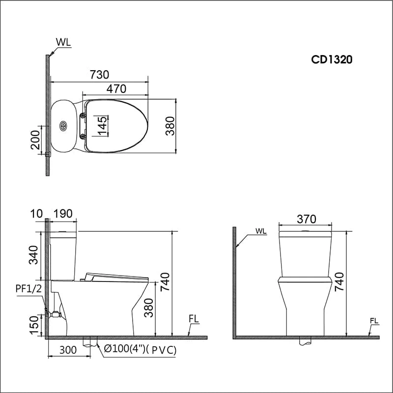 bản vẽ kỹ thuật Bồn Cầu Caesar CDS1338 Nắp Êm