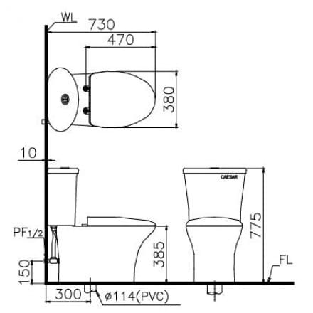 Bản vẽ kỹ thuật bồn cầu 2 khối Caesar CD1341