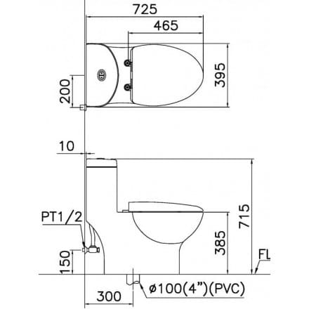 Hình ảnh bản vẽ kỹ thuật Bồn cầu 1 khối nắp rửa cơ Caesar CD1375/TAF050