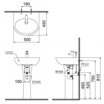 bản vẽ kỹ thuât Chậu Lavabo Caesar Chân Dài L2152/P2445