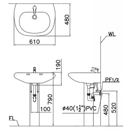 Bản vẽ kỹ thuật Chậu Rửa Lavabo Chân Dài Caesar L2560/P2438
