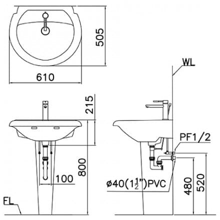 Kích thước lăp đặt bồn rửa mặt Caesar L2150
