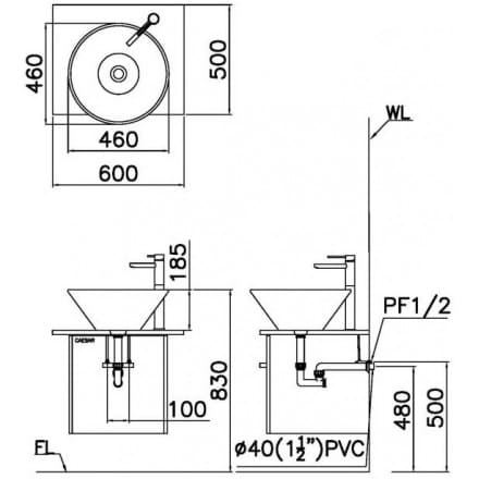 Hình ảnh bản vẽ kỹ thuật Chậu Rửa Mặt Đặt Bàn Caesar L5222