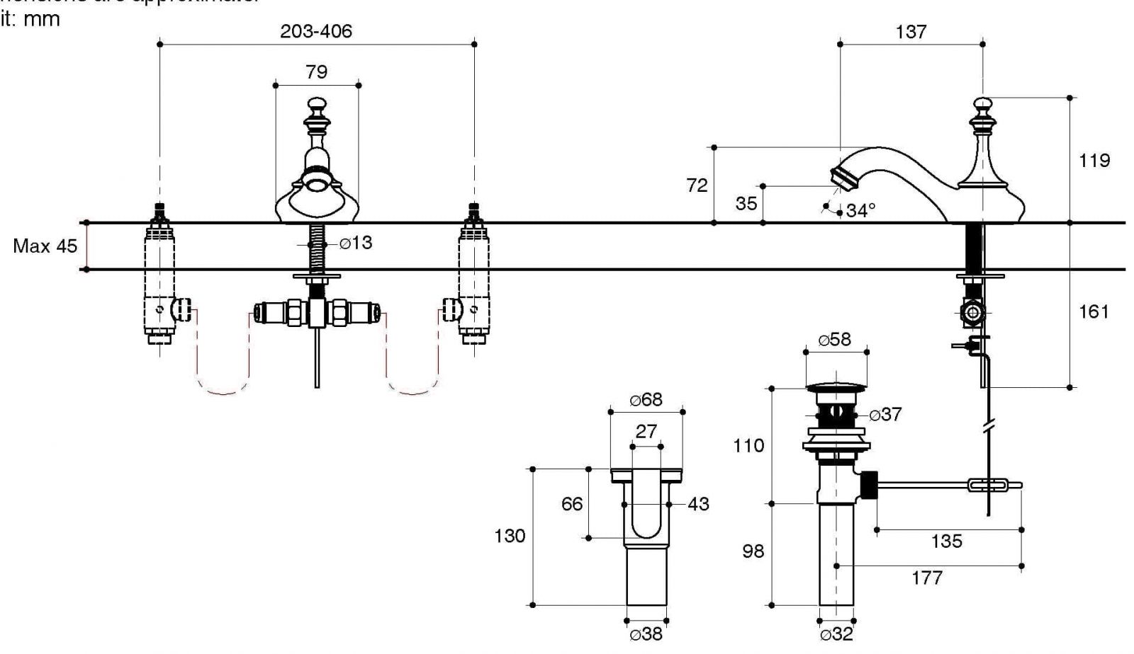 Bản vẽ kỹ thuật thân vòi rửa mặt Kohler Artifacts K-72758T-RGD vàng hồng