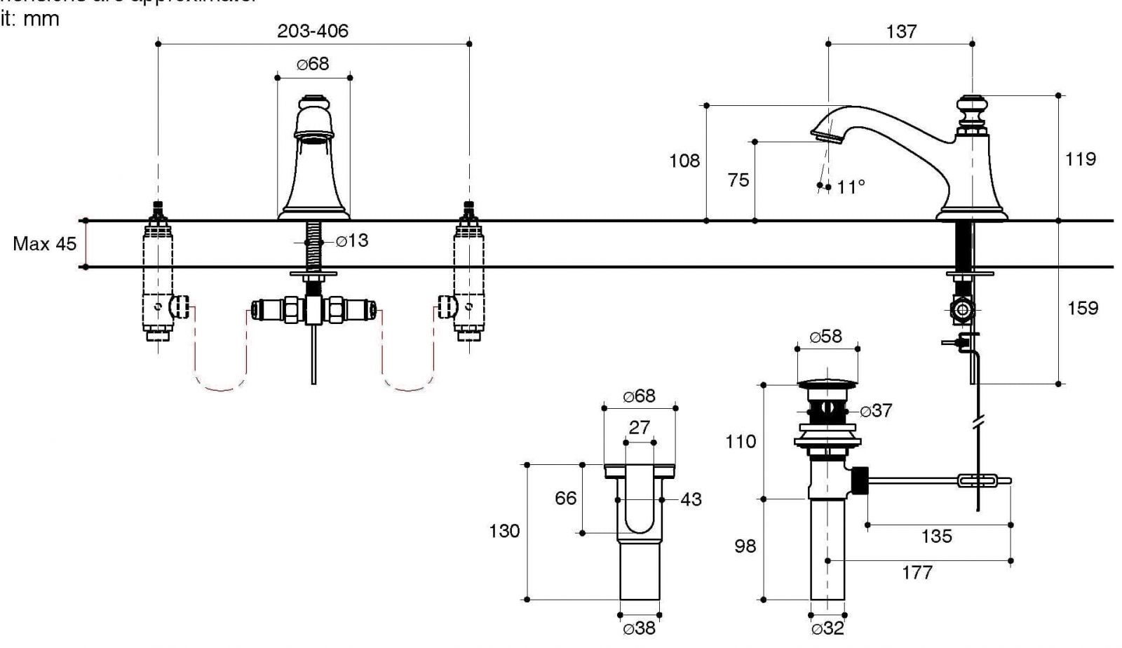 Bản vẽ kỹ thuật thân vòi rửa mặt Kohler Artifacts K-72759T-CP chrome bóng