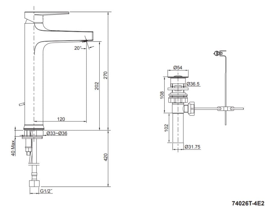 Bản vẽ kỹ thuật vòi chậu rửa cao Kohler K-74026T-4E2-CP