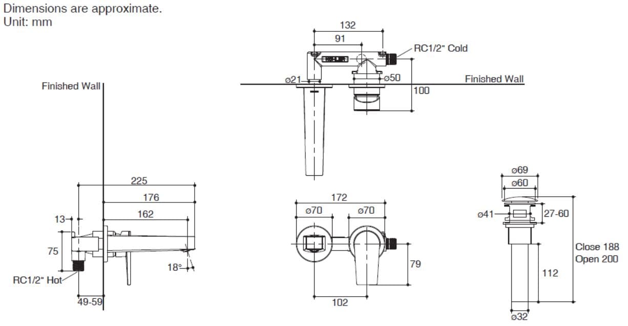 Bản vẽ kỹ thuật vòi lavabo treo tường Kohler Taut K-74027X-4-CP Chrome bóng