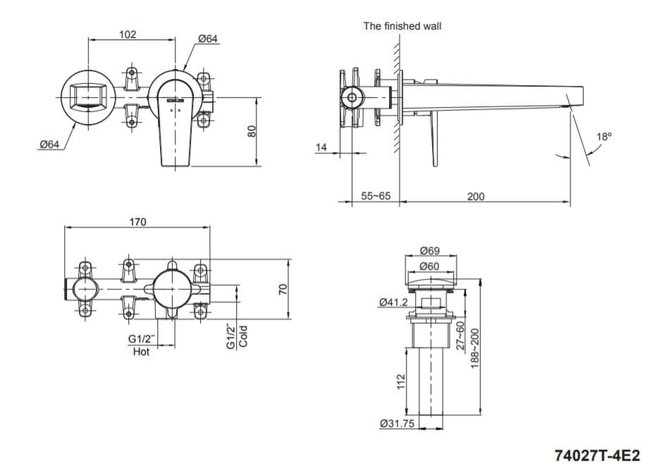 Bản vẽ kỹ thuật vòi lavabo treo tường Kohler Taut K-74027X-4E2-CP Chrome bóng