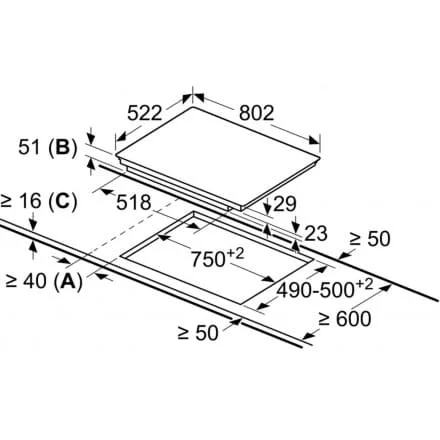 Hình ảnh bản vẽ kỹ thuật Bếp Điện Từ Hafele HC-IHH80A 539.66.698 Kết Hợp Hút Mùi 2 Vùng Nấu 