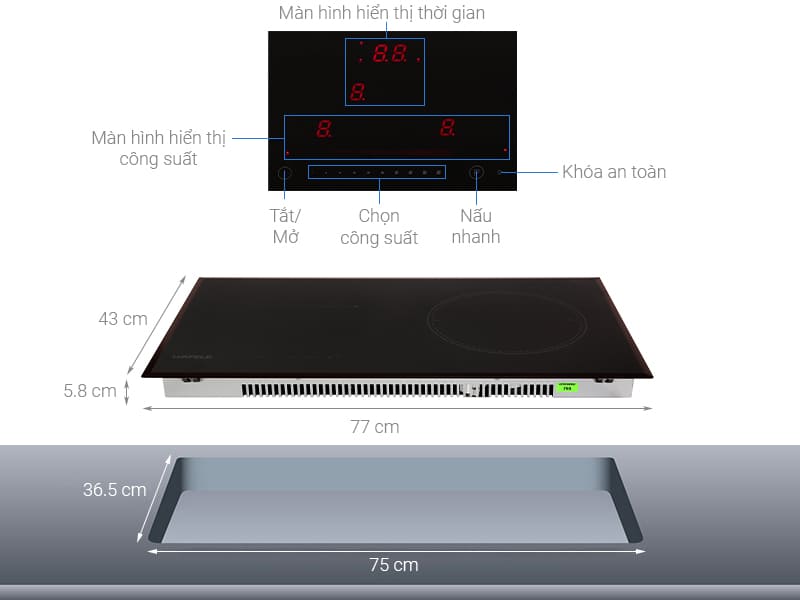 Hình ảnh bản vẽ kỹ thuật Bếp Điện Từ Hafele HC-IHH80A 539.66.698 Kết Hợp Hút Mùi 2 Vùng Nấu 