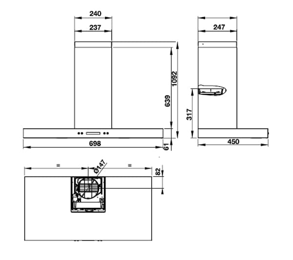 Hình ảnh bản vẽ kỹ thuật Máy Hút Khói Khử Mùi Malloca Gama K3155.7 Áp Tường
