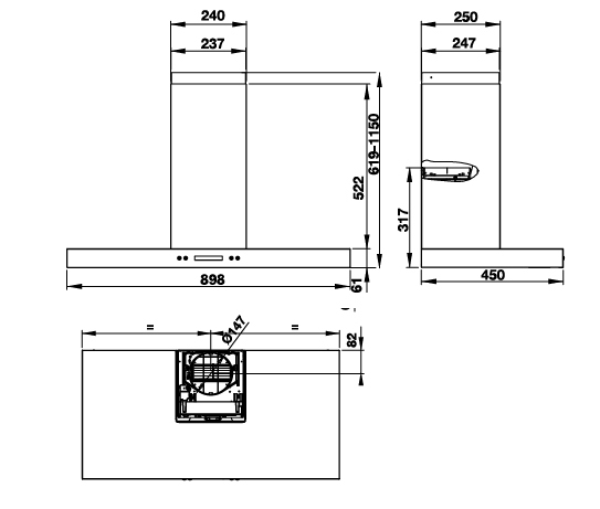 Hình ảnh bản vẽ kỹ thuật Máy Hút Khói Khử Mùi Malloca Gama K3155.7 Áp Tường