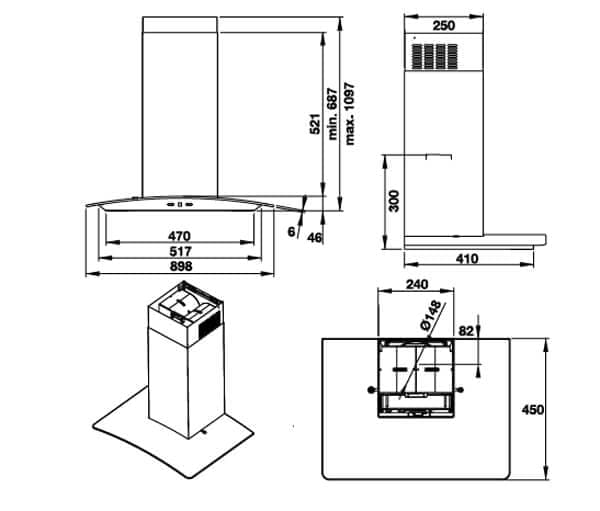 Hình ảnh bản vẽ kỹ thuật Máy Hút Khói Khử Mùi Malloca Gama K3155.7 Áp Tường