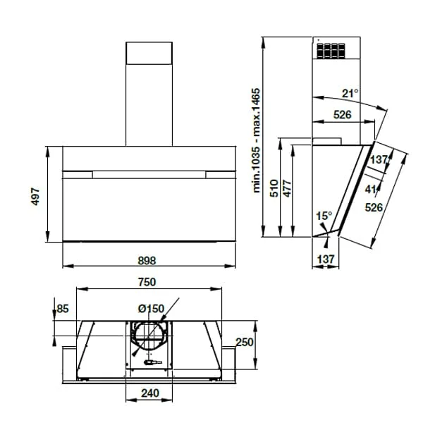 Hình ảnh bản vẽ kỹ thuật Máy Hút Khói Khử Mùi Malloca Gama K3155.7 Áp Tường